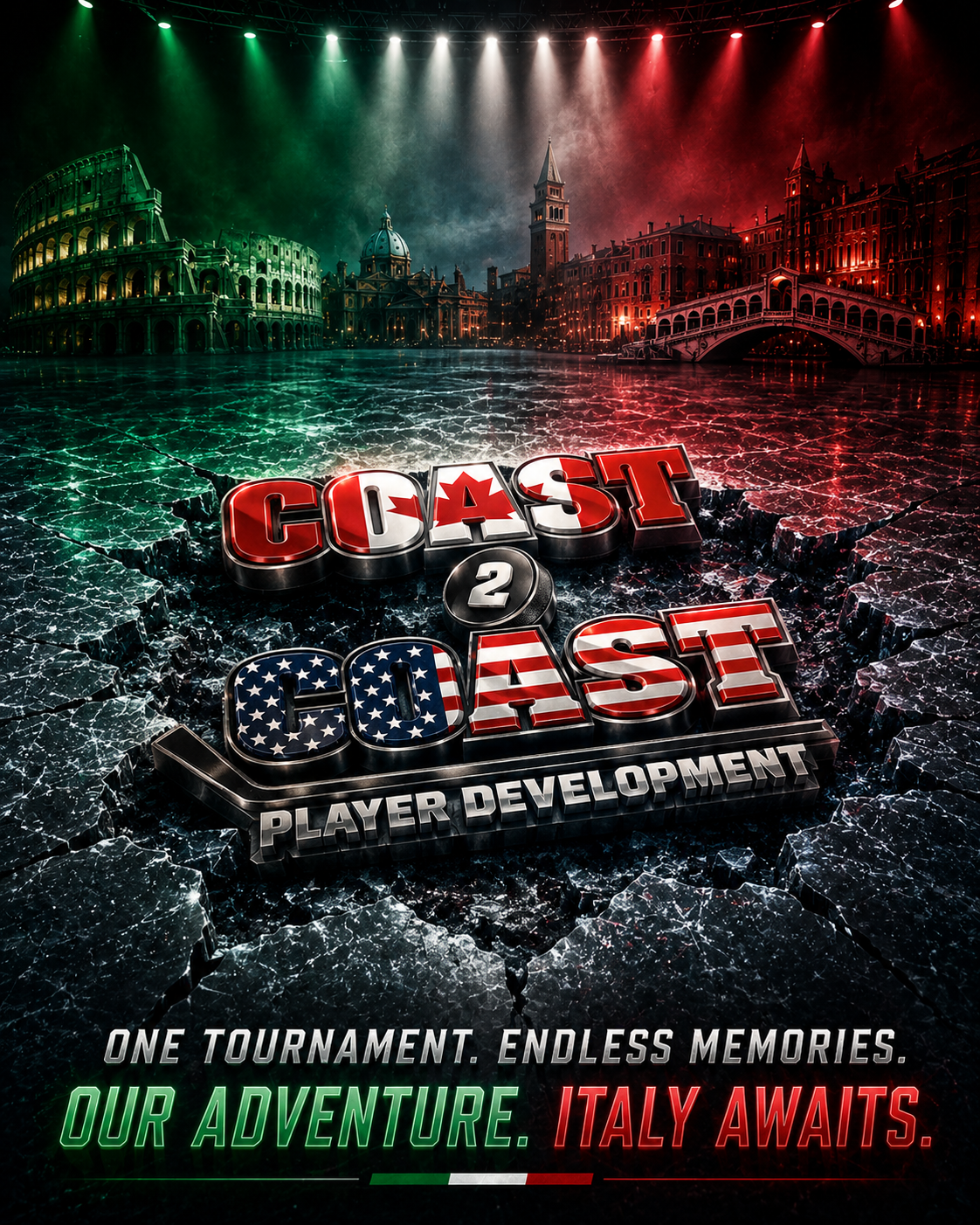 Coast 2 Coast Italy 2027 Easter Hockey Bunnies Cup promotional poster featuring Italian landmarks and tricolor lighting