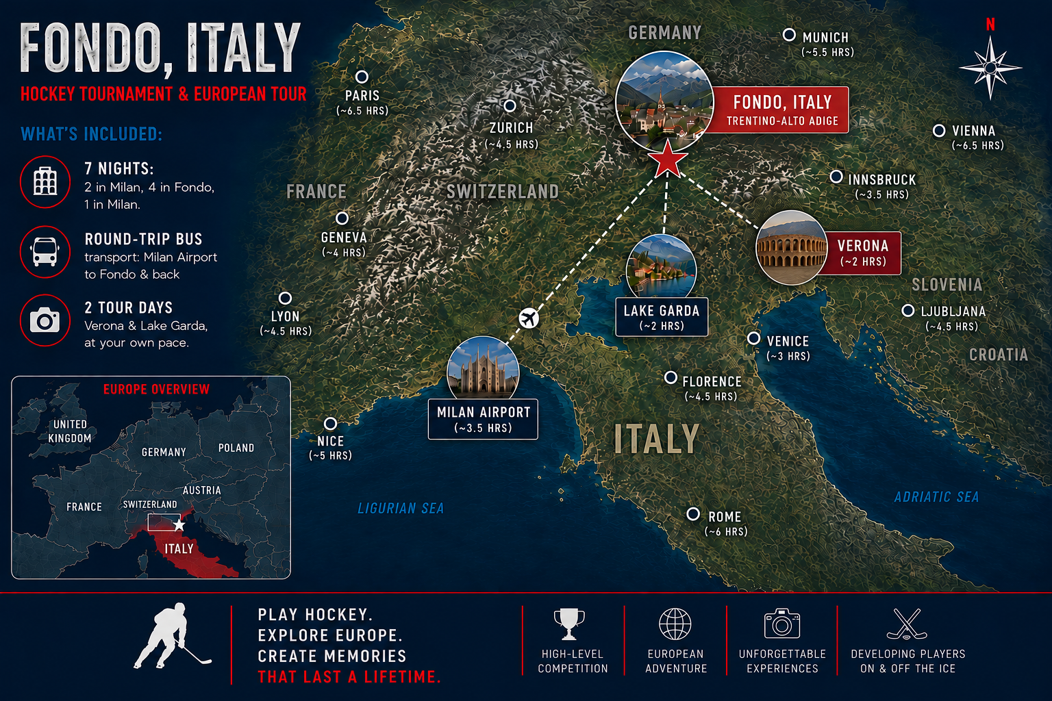 Map of Fondo, Italy and nearby destinations including Milan Airport, Bolzano, Lake Garda, Zermatt, Venice, Florence and Rome, with a Europe overview inset