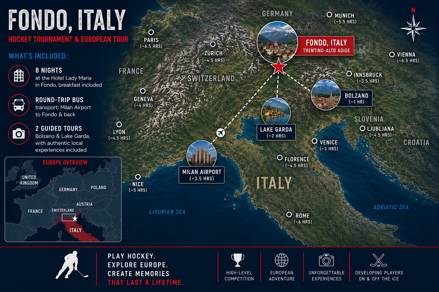 Map of Fondo, Italy and nearby destinations including Milan Airport, Bolzano, Lake Garda, Zermatt, Venice, Florence and Rome, with a Europe overview inset